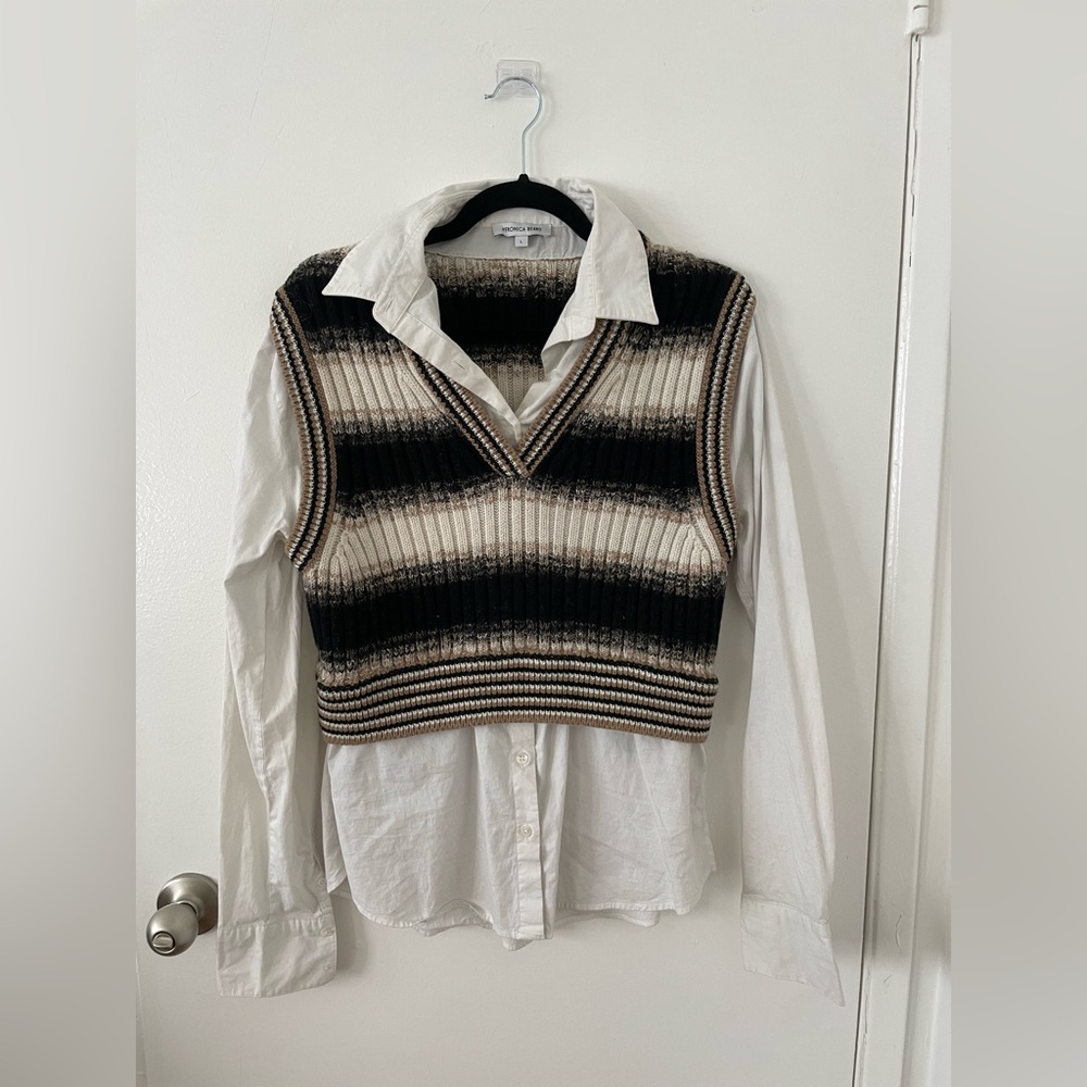 Veronica Beard Striped Black and Cream Sweater Vest